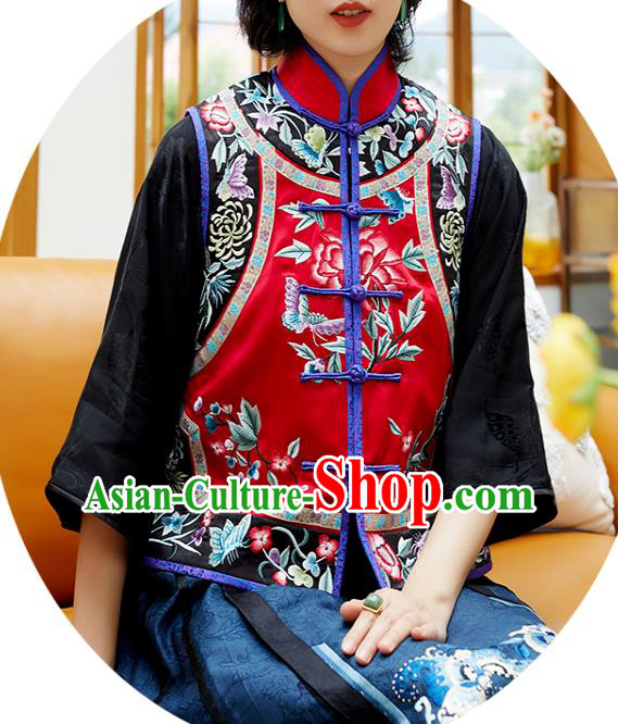 Chinese Classical Embroidered Red Silk Waist Tang Suit Costume Traditional Qing Dynasty Women Vest Upper Outer Garment