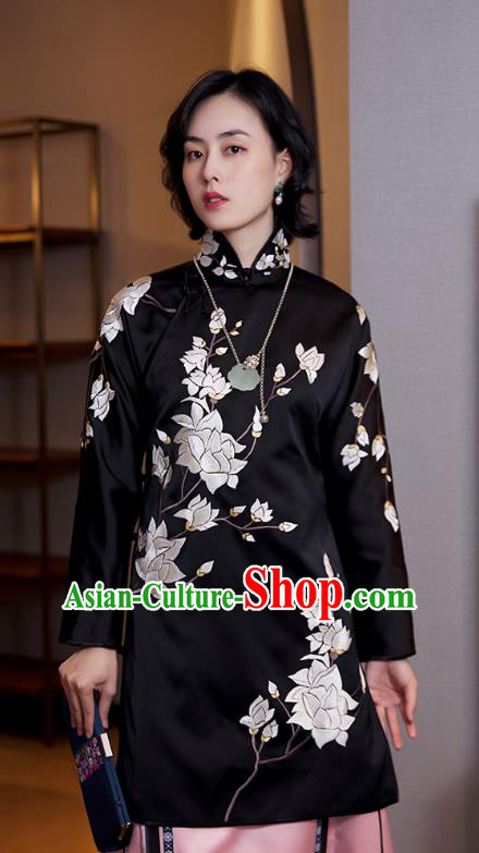 Chinese Black Satin Shirt Tang Suit Upper Outer Garment Traditional Costume Embroidered Mangnolia Blouse