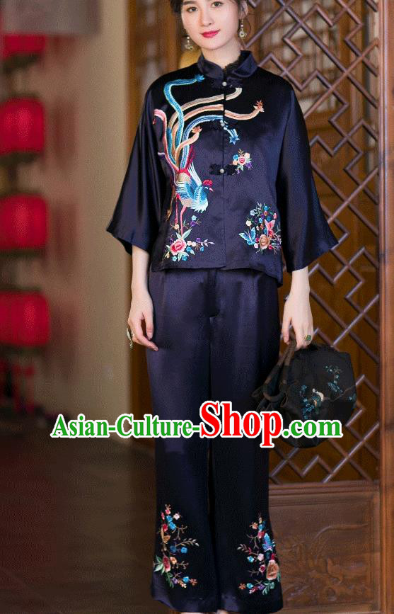 Chinese Traditional Costume Embroidered Phoenix Blouse Tang Suit Navy Satin Shirt Upper Outer Garment