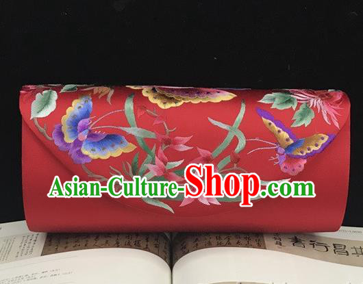 China Evening Bag National Red Silk Clutch Bag Handmade Suzhou Embroidery Orchids Handbag
