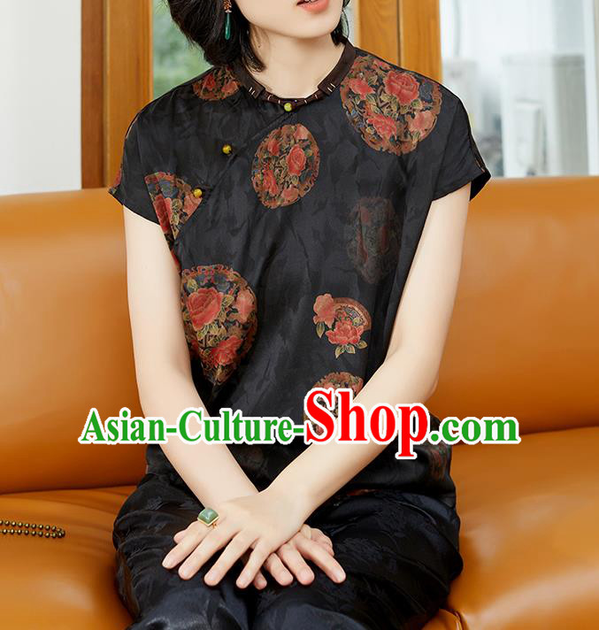 Chinese Classical Black Silk Shirt Tang Suit Costume Traditional Blouse Upper Outer Garment