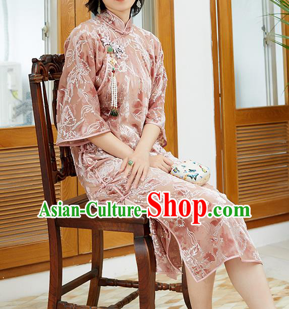 Republic of China Traditional Classical Qipao Dress Pink Velvet Cheongsam National Women Clothing