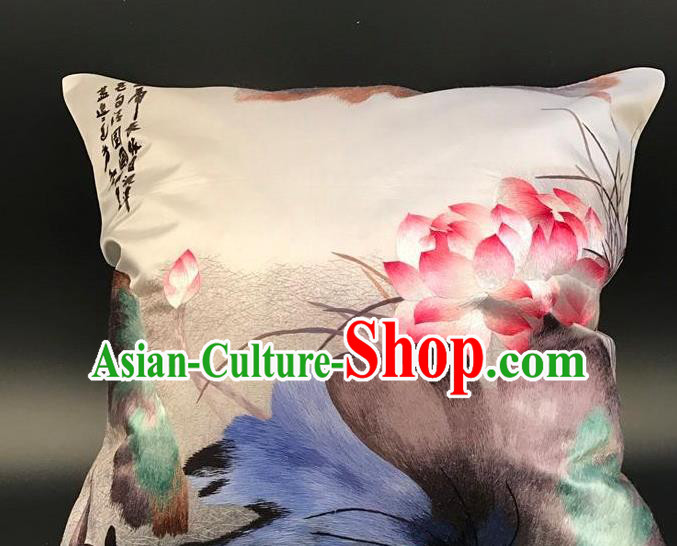 China Traditional Embroidered Lotus Beige Silk Pillowslip Suzhou Embroidery Cushion Cover