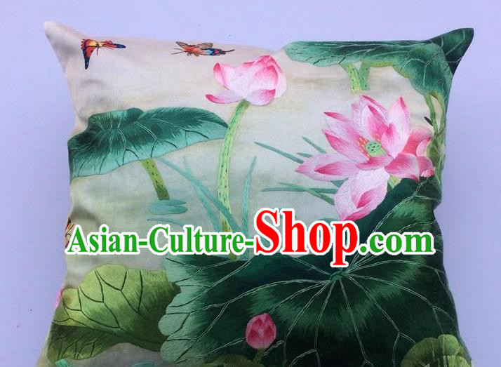 Traditional China Embroidered Silk Pillowslip Handmade Suzhou Embroidery Lotus Cushion Cover