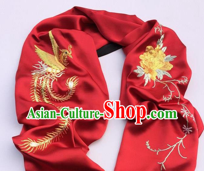 China Embroidery Phoenix Peony Red Silk Scarf Traditional Cheongsam Accessories Women Tippet