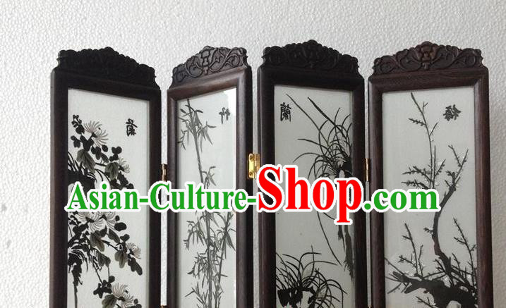 China Handmade Suzhou Embroidery Plum Orchids Bamboo Chrysanthemum Desk Screen Traditional Embroidered Craft Rosewood Table Decoration