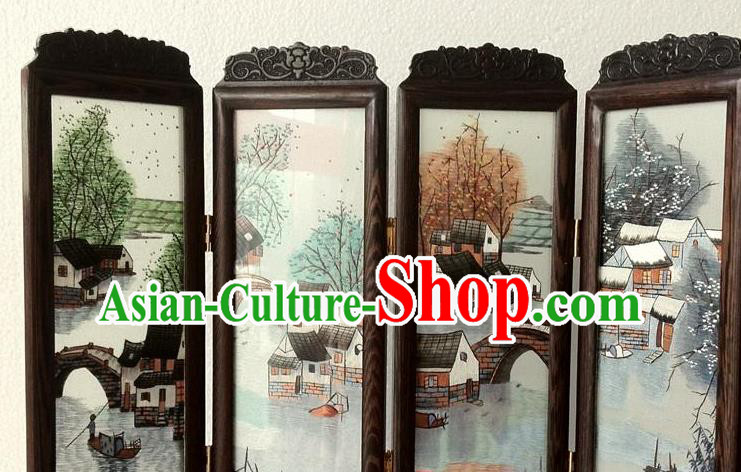 China Handmade Embroidered Craft Rosewood Table Decoration Traditional Suzhou Embroidery Water Town Desk Screen