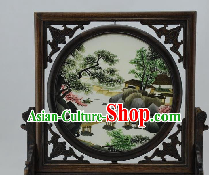 China Handmade Ornaments Embroidered Craft Rosewood Table Decoration Traditional Suzhou Embroidery Landscape Desk Screen