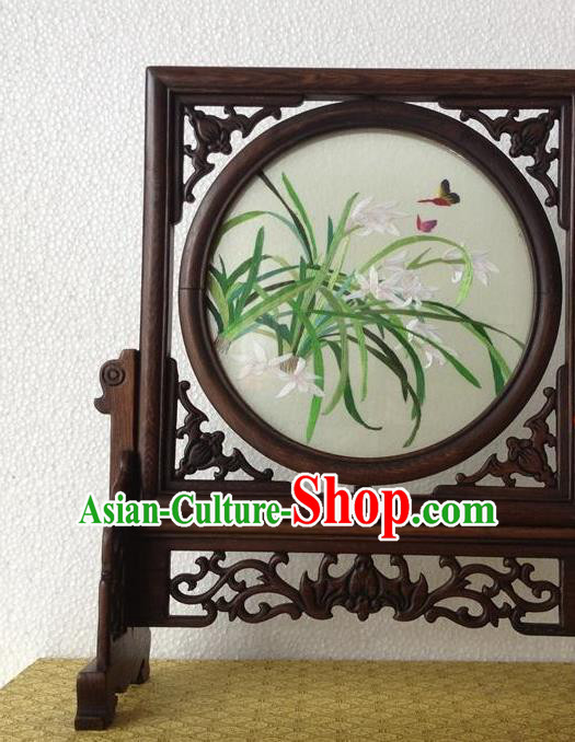 China Traditional Suzhou Embroidery Orchids Desk Screen Embroidered Craft Rosewood Table Decoration Handmade Ornaments