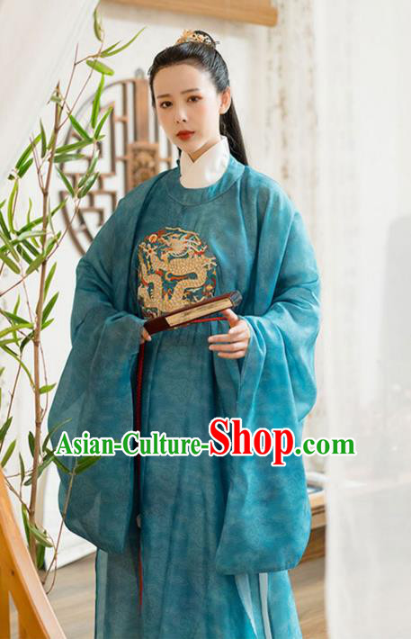 Chinese Song Dynasty Noble Childe Historical Costumes Traditional Ancient Prince Hanfu Apparels Blue Robe and Underwear for Men