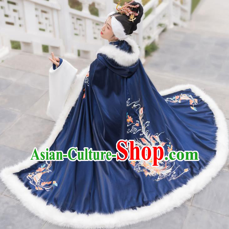 Chinese Ming Dynasty Imperial Consort Historical Costumes Traditional Ancient Noble Women Hanfu Apparels Embroidered Navy Wool Cloak