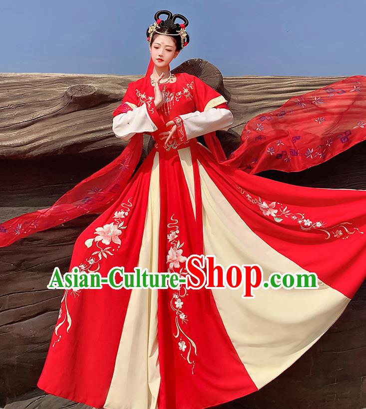 Traditional China Tang Dynasty Historical Costumes Ancient Court Princess Red Hanfu Dress Clothing