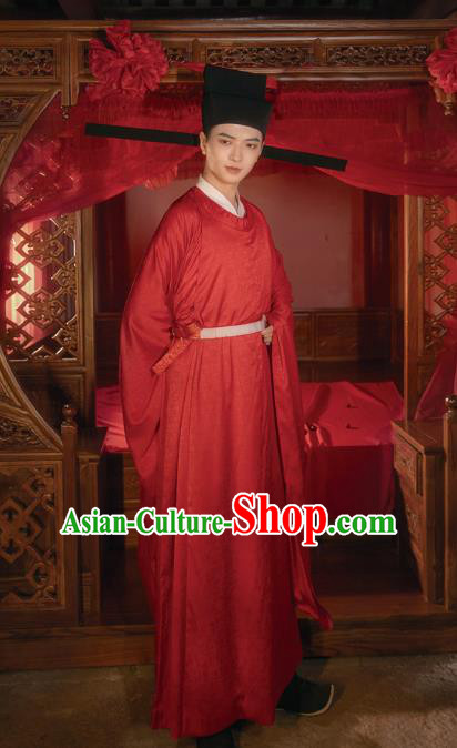 Chinese Song Dynasty Wedding Historical Costumes Traditional Ancient Official Hanfu Apparels Red Robe for Men