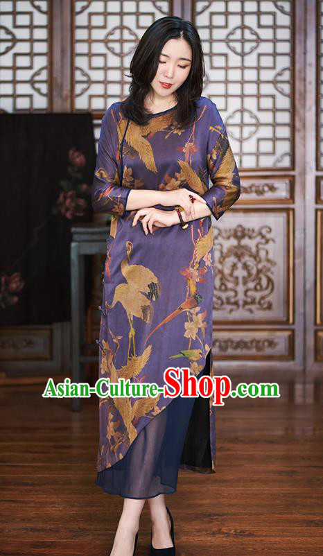 Republic of China Traditional Classical Qipao Dress National Women Clothing Printing Crane Purple Silk Cheongsam