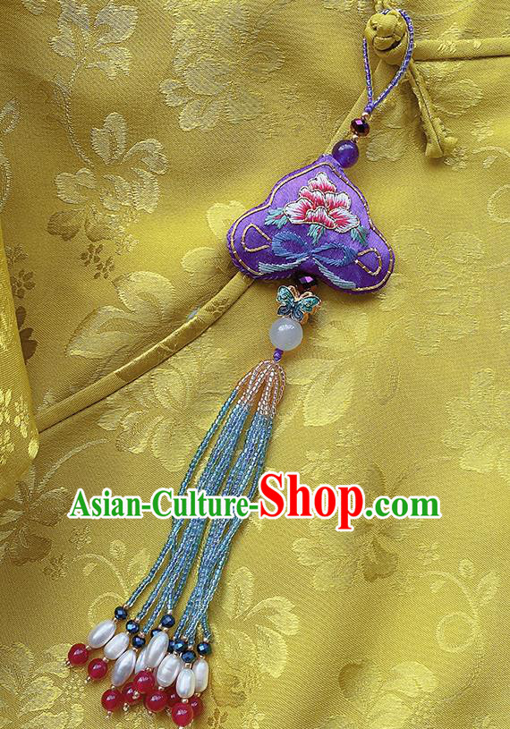 China Traditional Accessories Embroidered Purple Silk Brooch Classical Cheongsam Pearls Tassel Pendant