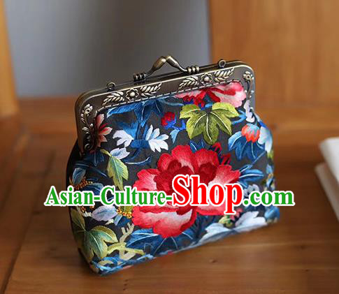 China Traditional Embroidered Black Silk Bag Suzhou Embroidery Peony Handbag for Women