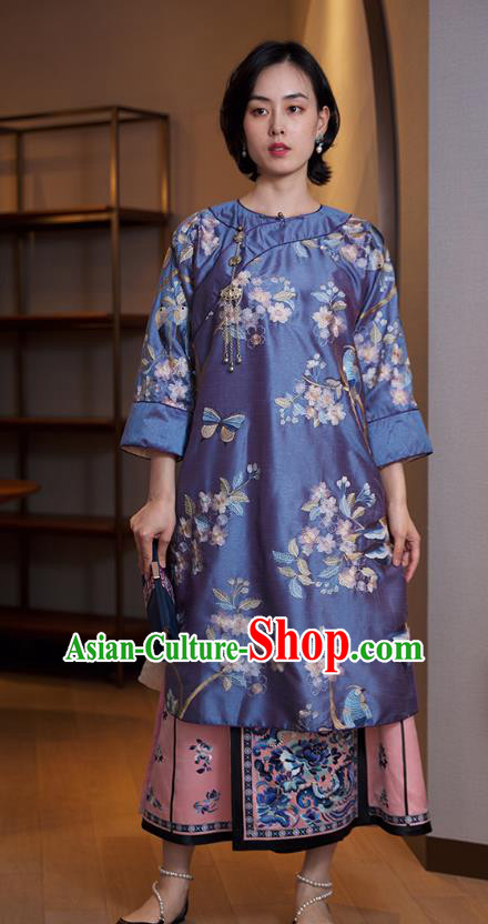 China Traditional Embroidered Blue Cheongsam Classical Silk Qipao Dress National Women Clothing