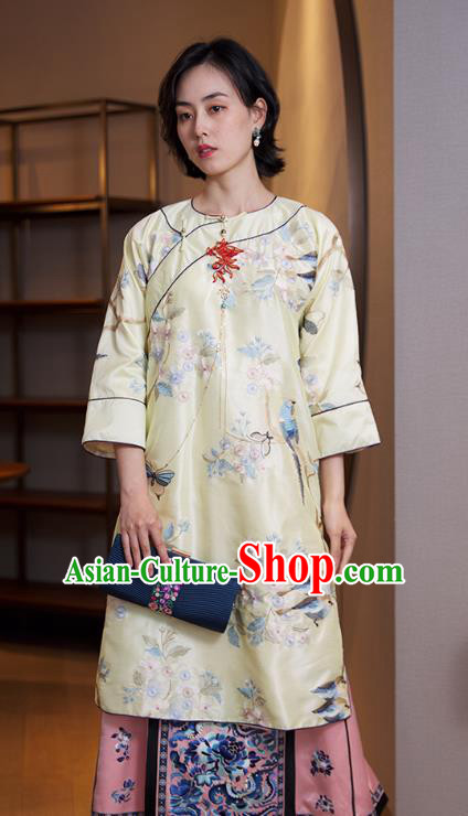 China Traditional Embroidered Light Yellow Cheongsam National Women Clothing Classical Silk Qipao Dress