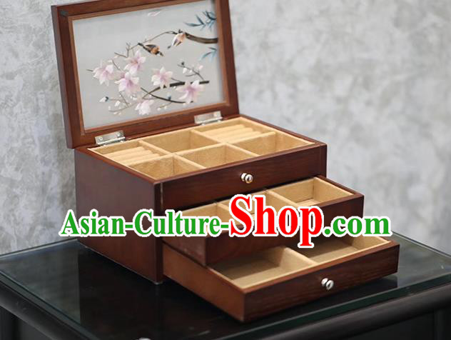 China Traditional Embroidered Jewel Case Handmade Wood Three Layers Jewelry Box