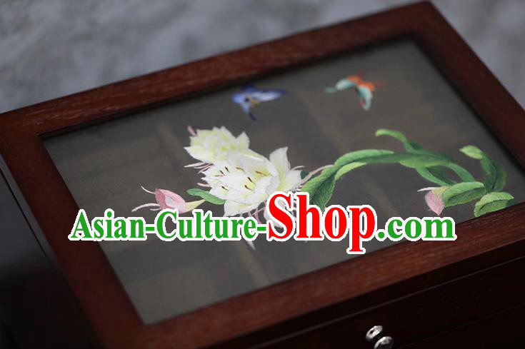 China Handmade Wood Three Layers Jewelry Box Traditional Embroidered Epiphyllum Jewel Case