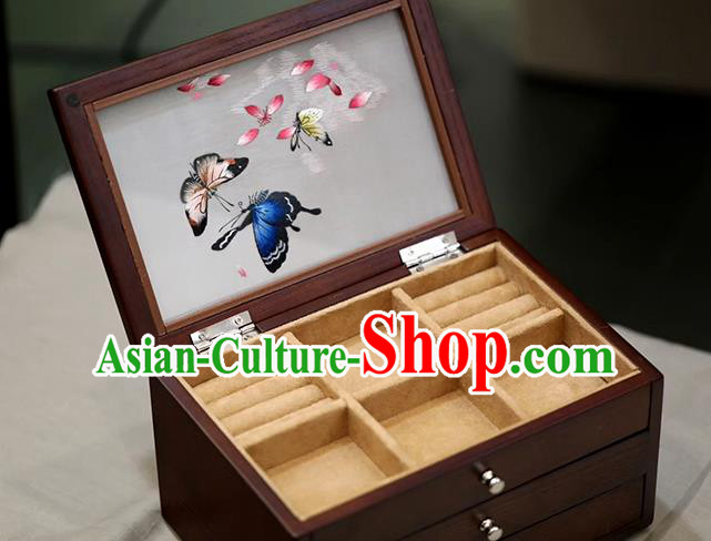 China Handmade Wood Jewelry Box Traditional Embroidered Butterfly Three Layers Jewel Case