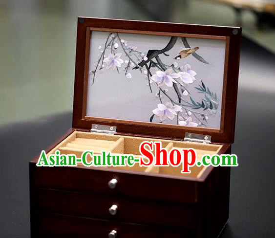 China Handmade Three Layers Jewelry Box Traditional Embroidered Mangnolia Wood Jewel Case