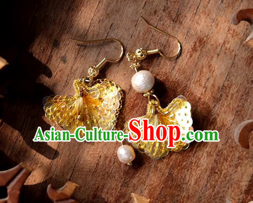 China Handmade Suzhou Embroidery Earrings Traditional Embroidered Ginkgo Leaf Ear Accessories