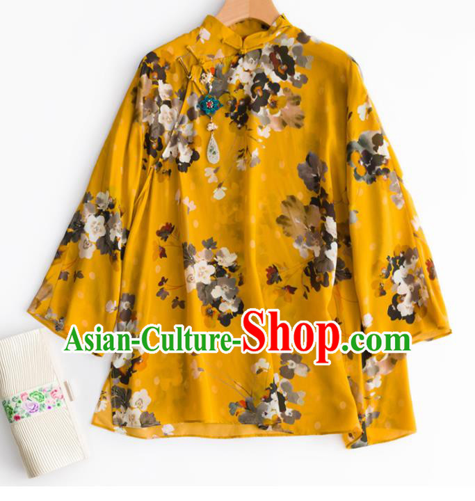 Chinese Traditional Printing Yellow Blouse Tang Suit Upper Outer Garment Classical Shirt