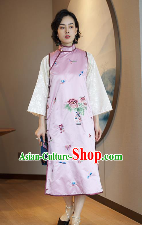 China Traditional Embroidered Sleeveless Cheongsam National Women Clothing Classical Pink Silk Qipao Dress