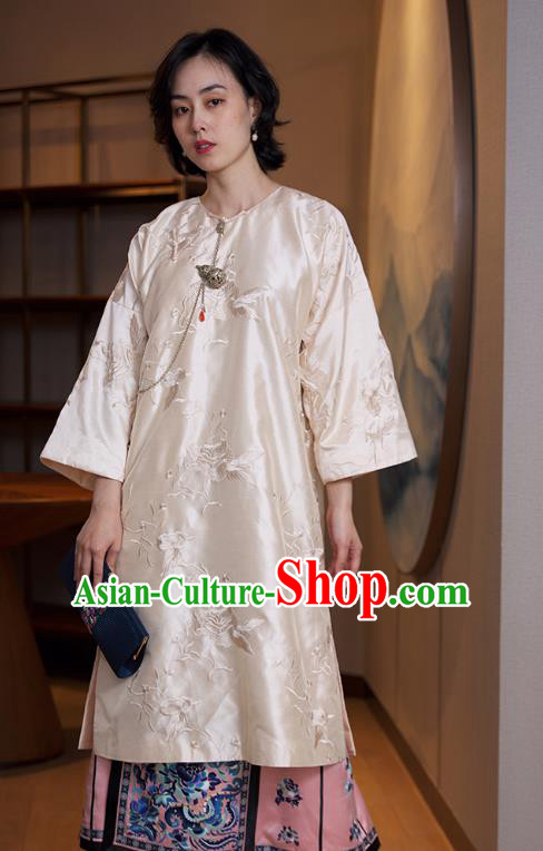 China Traditional Embroidered Beige Cheongsam Classical Qipao Dress National Women Clothing