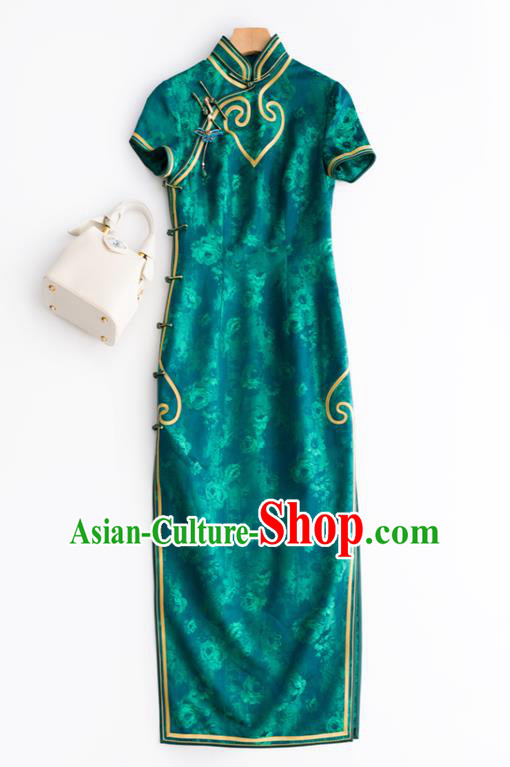 China National Women Clothing Traditional Green Silk Long Cheongsam Classical Printing Qipao Dress