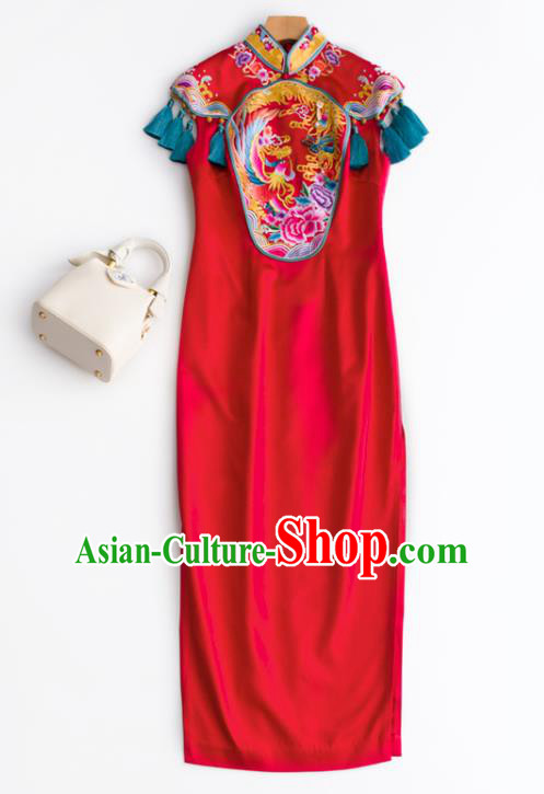 China National Women Wedding Clothing Traditional Long Cheongsam Classical Embroidered Red Satin Qipao Dress