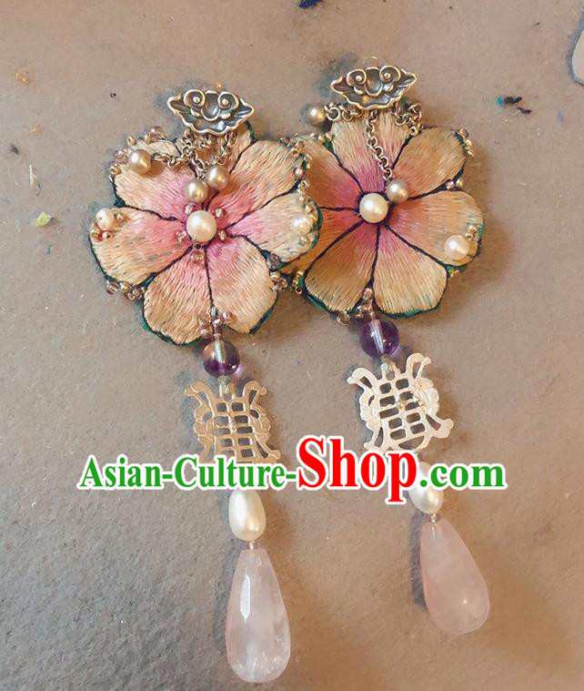 China Traditional Hanfu Embroidered Peach Blossom Earrings Rose Quartz Ear Accessories