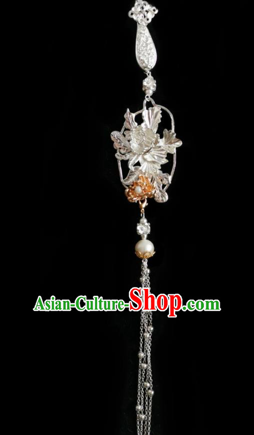 China Classical Tassel Pendant Cheongsam Accessories Traditional Argent Peony Brooch