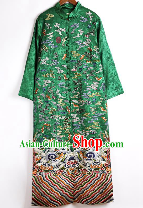 Chinese Tang Suit Embroidered Green Brocade Dust Coat National Outer Garment Costume