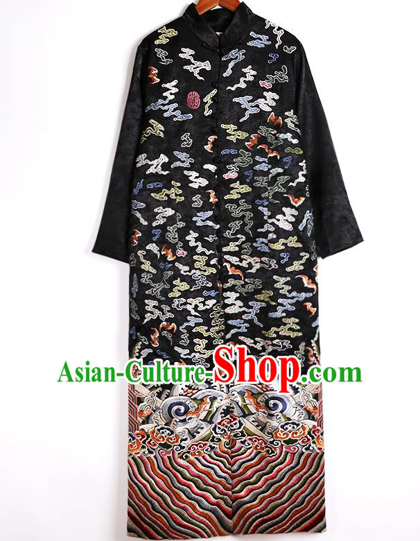 Chinese National Outer Garment Embroidered Brocade Costume Tang Suit Black Dust Coat