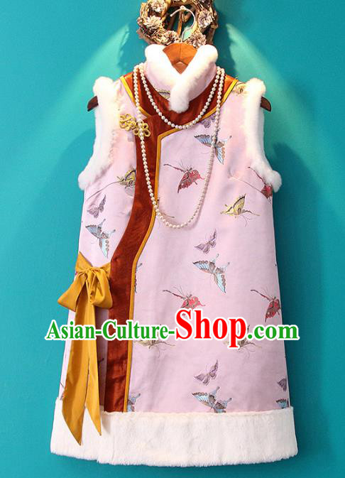 Chinese Tang Suit Winter Waistcoat Embroidered Pink Cotton Padded Vest National Outer Garment