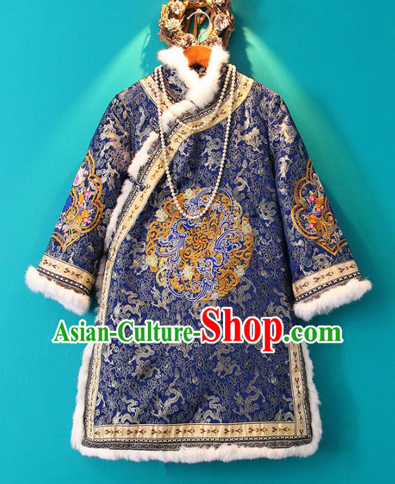 Chinese Tang Suit Royalblue Cotton Padded Jacket Embroidered Coat National Outer Garment