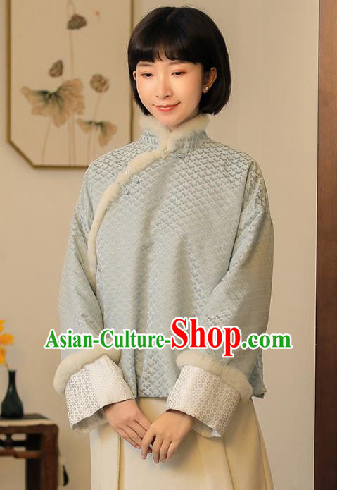 Chinese National Light Blue Cotton Padded Jacket Tang Suit Upper Outer Garment Women Winter Costume