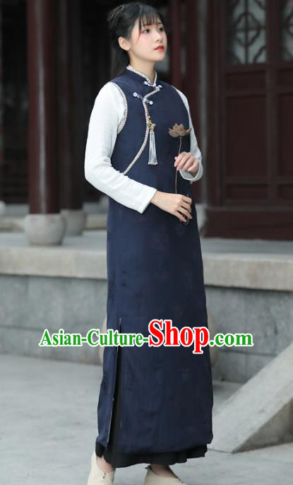 China Tang Suit Navy Vest Cheongsam Traditional Women Classical Dress National Qipao Clothing