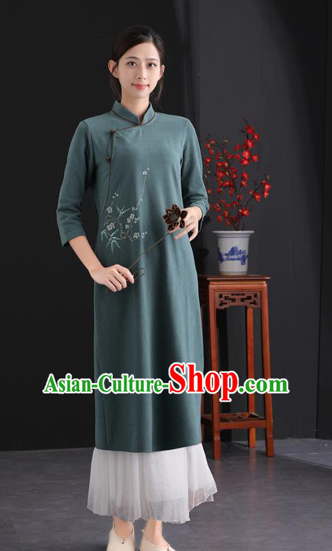 China National Qipao Traditional Women Classical Dress Clothing Tang Suit Dark Green Cheongsam