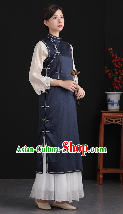 China Tang Suit National Qipao Clothing Traditional Women Classical Dress Navy Silk Cheongsam