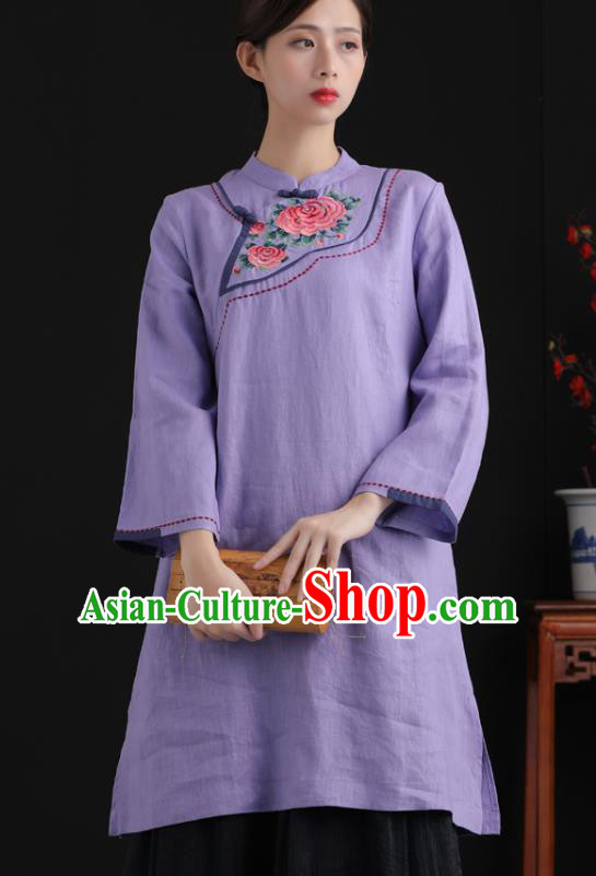 Top China Traditional Women Classical Dress Tang Suit National Qipao Embroidered Purple Flax Cheongsam Clothing