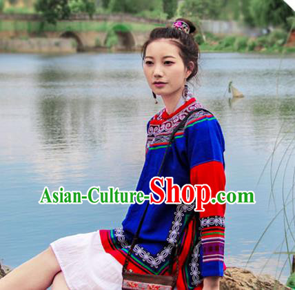 Chinese Tang Suit Upper Outer Garment Yunnan National Costume Embroidered Royalblue Flax Jacket