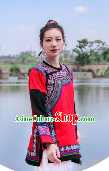 Chinese Yunnan National Costume Embroidered Red Flax Jacket Tang Suit Upper Outer Garment