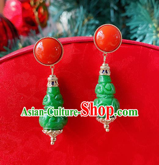 China Classical Carving Gourd Ear Accessories Women Jewelry Handmade Traditional Hanfu Green Earrings