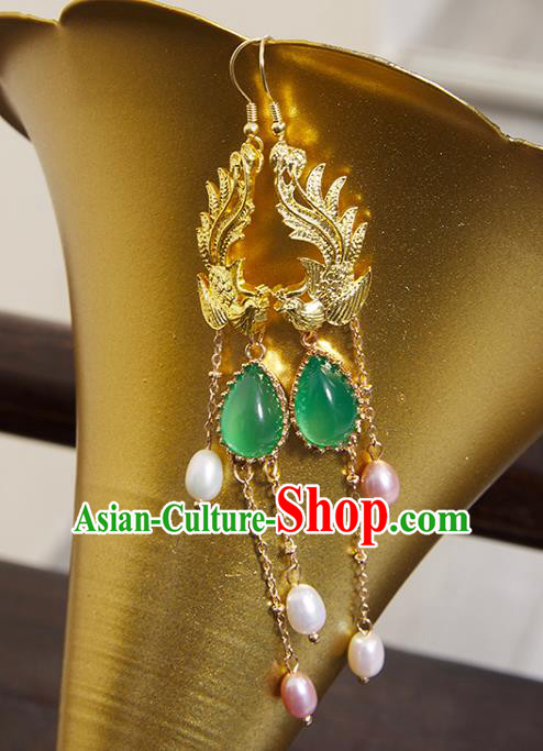 China Classical Golden Phoenix Ear Accessories Women Jewelry Handmade Traditional Hanfu Earrings