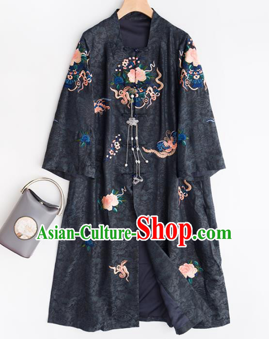 Chinese Traditional Embroidered Costume Classical Black Silk Coat Tang Suit Outer Garment