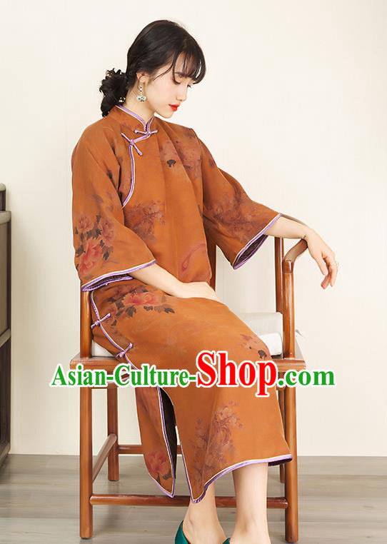 China Women Clothing Traditional Classical Ginger Silk Cheongsam Retro Qipao Dress