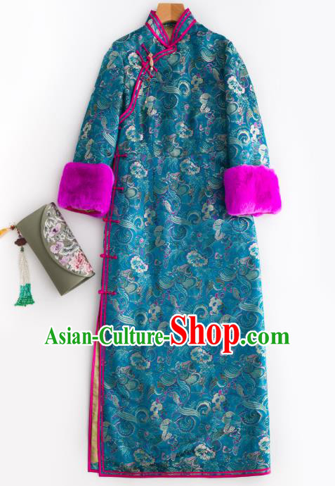 China Traditional Classical Winter Cheongsam Women Clothing Blue Brocade Qipao Dress